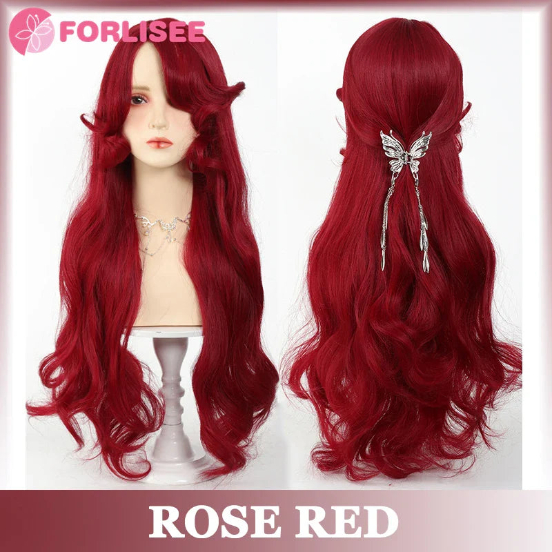 Pink Blonde Highlights Long Wavy Wig Synthetic Colorful Lolita Cosplay Hair Wigs with Bangs for Women Heat Resistant Daily Use