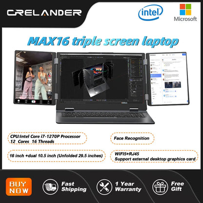 CRELANDER MAX16 New Laptop Triple Screen Intel Core i7 CPU 16 inch +dual 10.5 inch Face Recognition RJ45 M2 SSD Notebook Laptop