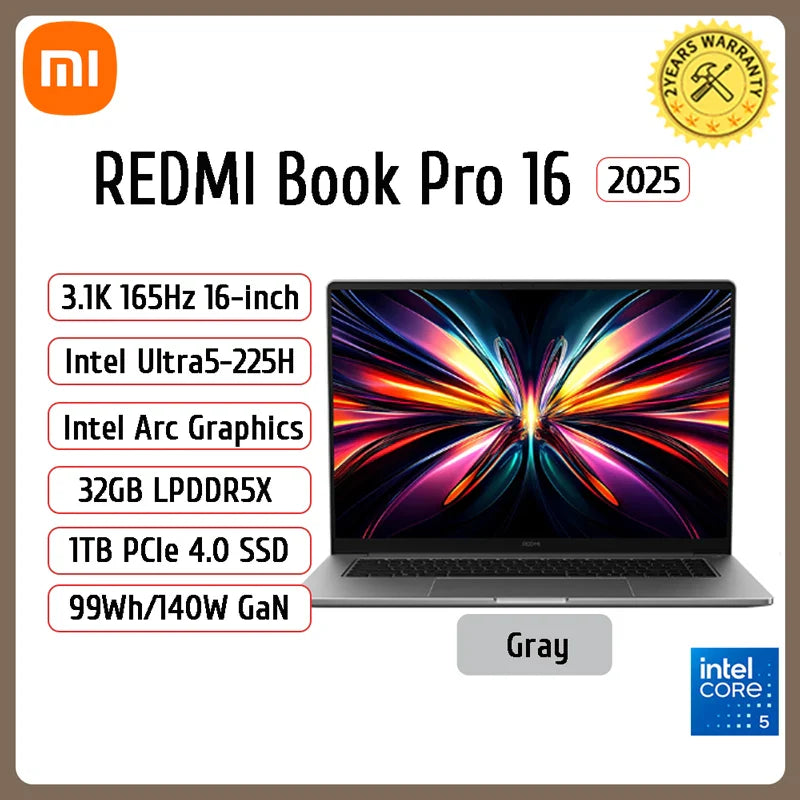 【2025 New】Xiaomi Laptop REDMI Book Pro 16 2025 Ultra5-225H Ultra7-255H/32GB/1TB/3.1K/165Hz Grey