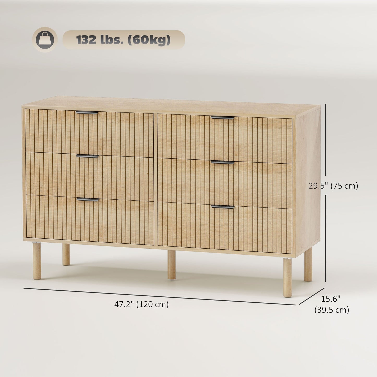 Jesse 6 Drawer Dresser with Fluted Panels-Oak