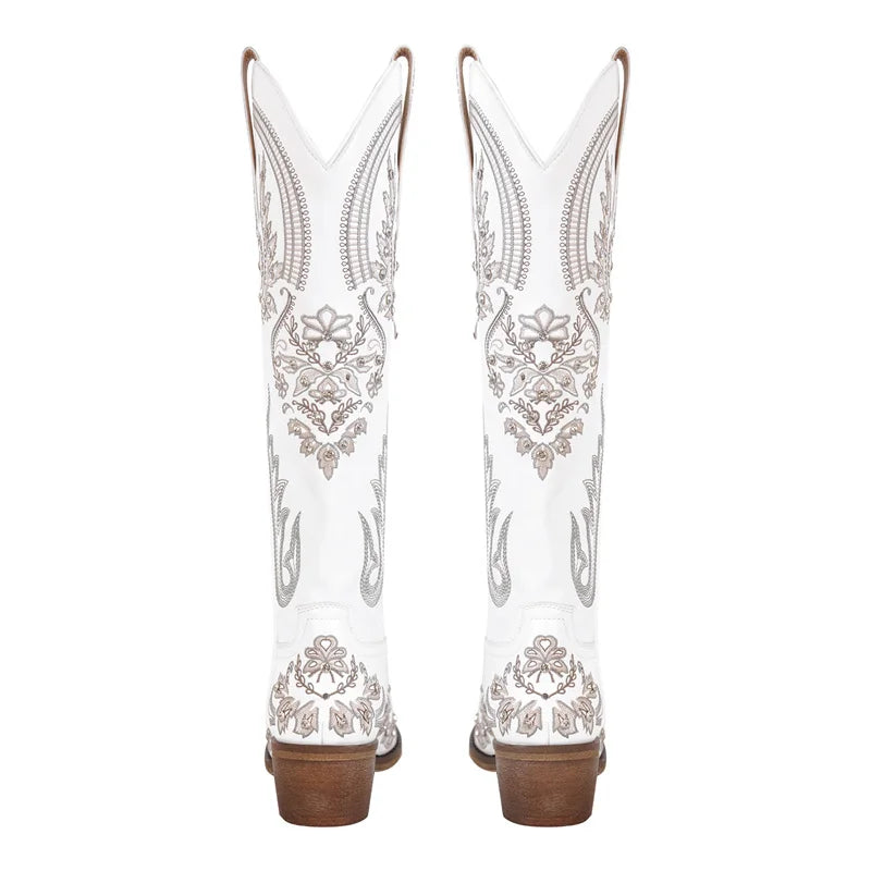 Bottes de cowboy blanches brodées Onlymaker pour femmes, à talon bloc, bout pointu, ornées de cristaux, style cowgirl.