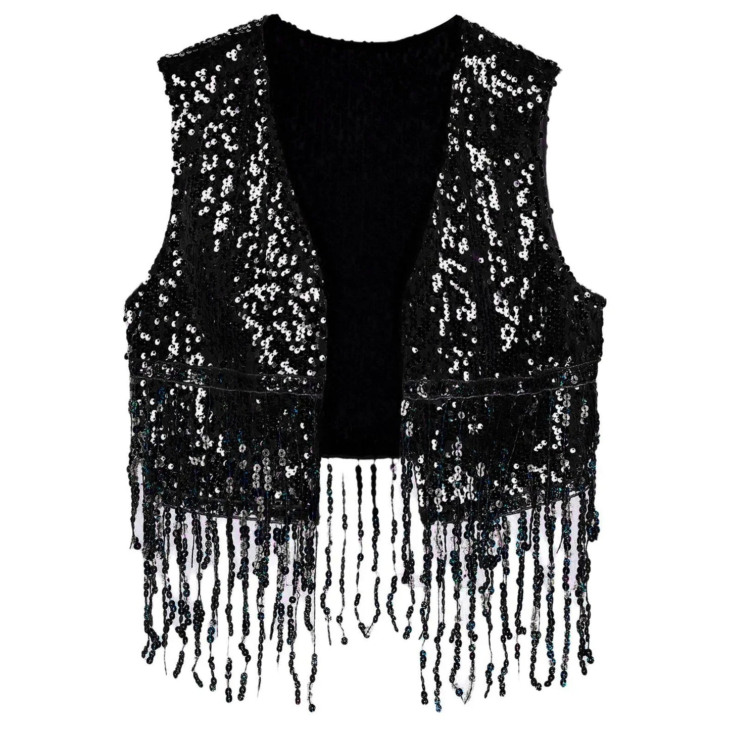 Mens Cowboy Western Costume Shiny Vintage 70s Disco Costumes Fringe Sequin Waistcoat Sleeveless Open Front Cropped Vest Cardigan