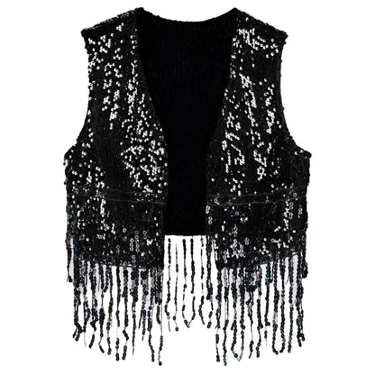 Mens Cowboy Western Costume Shiny Vintage 70s Disco Costumes Fringe Sequin Waistcoat Sleeveless Open Front Cropped Vest Cardigan