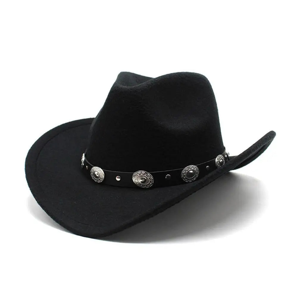 Chapeau de cowboy occidental classique noir confortable, à bord retroussé, avec boucle de ceinture, pour femme, Fedora, Sombrero, Jazz, Cowboy