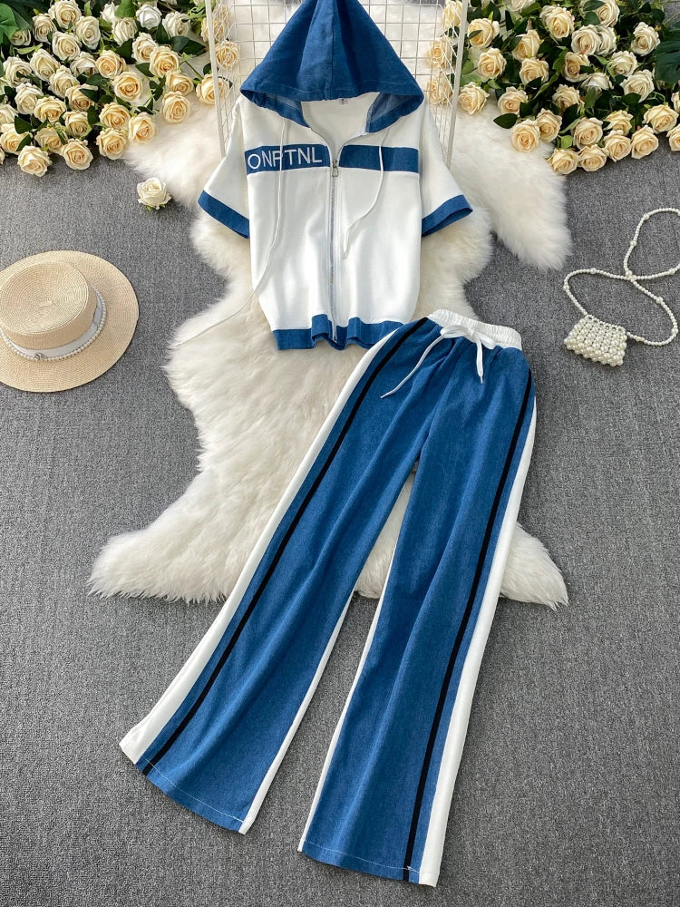 Cowboy patchwork hooded jacket fashionable sports suit women's summer 2025 new two-piece set popular age reducing pants