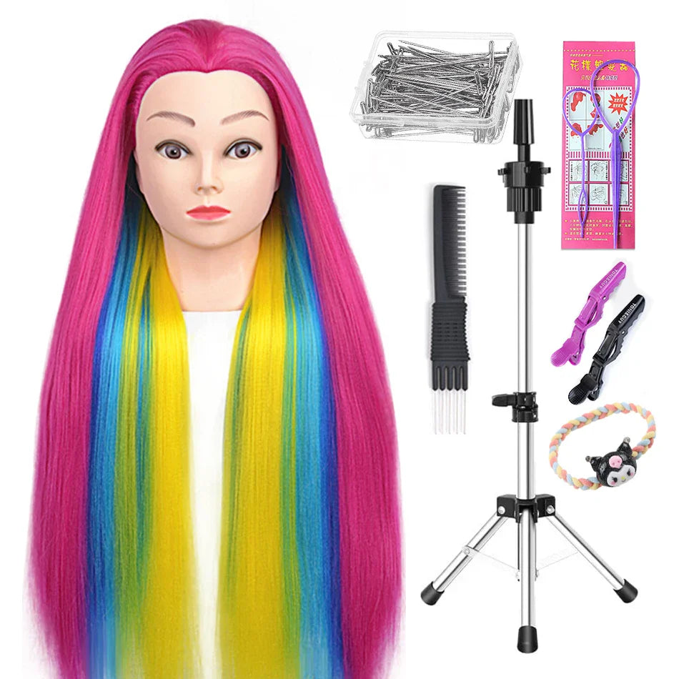Tête de mannequin à cheveux longs synthétiques avec support de trépied de perruque réglable Modèle avec tête de mannequin Formation de coiffeur coiffant