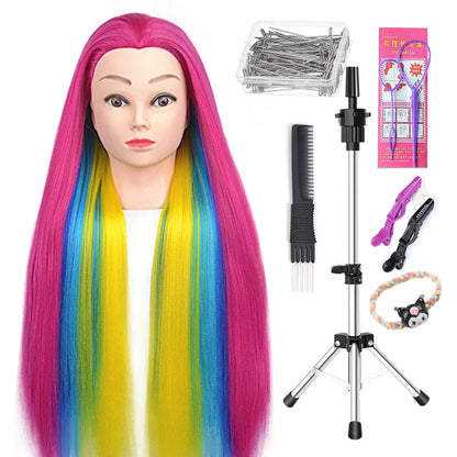Tête de mannequin à cheveux longs synthétiques avec support de trépied de perruque réglable Modèle avec tête de mannequin Formation de coiffeur coiffant