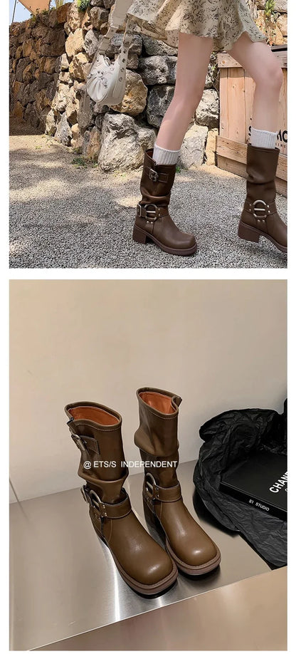 Bottes d'hiver de cowboy pour femmes, bottines décontractées à enfiler, fond épais, style moderne