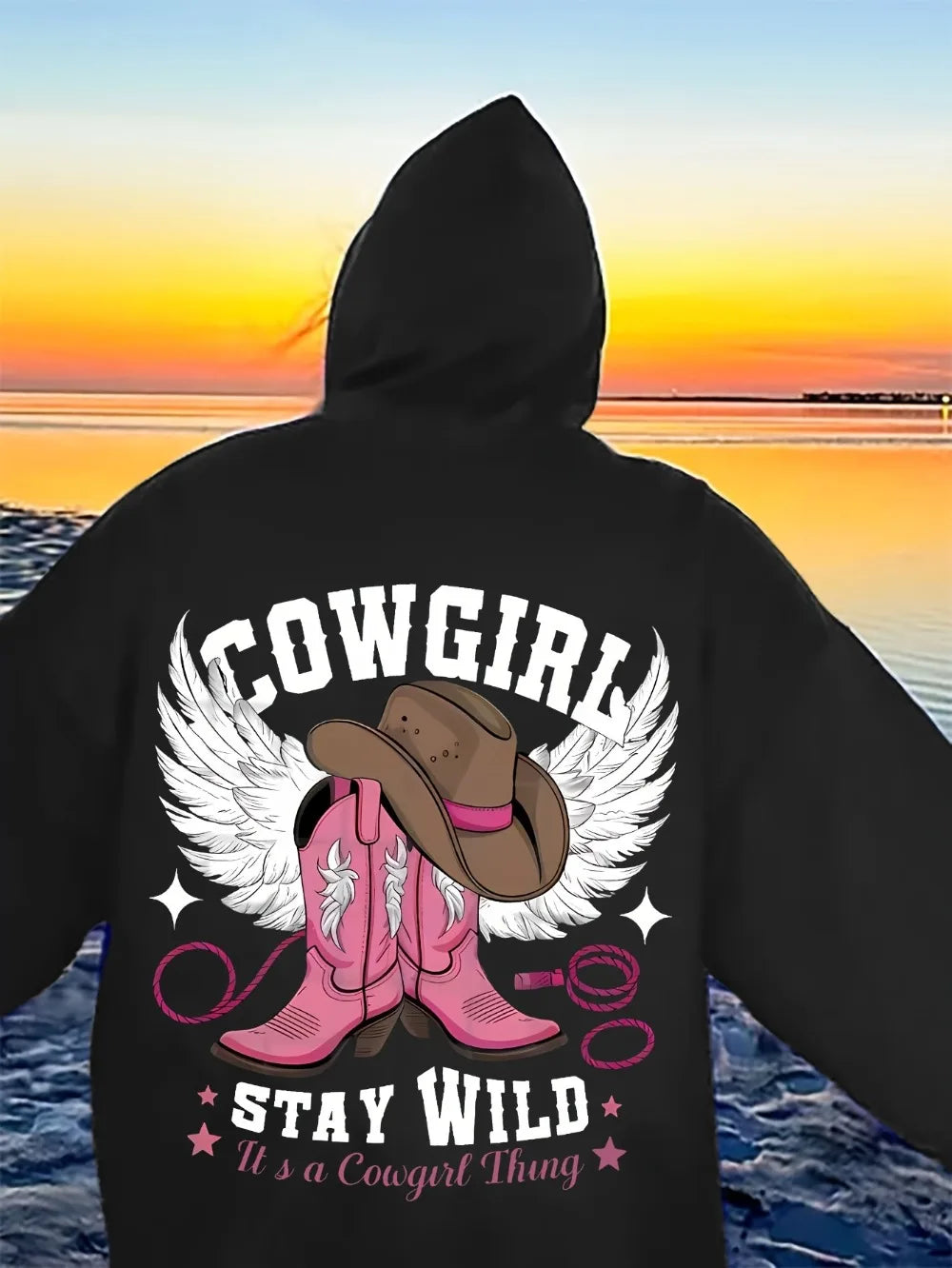 Sweat à capuche western chic pour femme – Pull doux et extensible à manches longues avec capuche brodée d'un chapeau et de bottes de cowboy