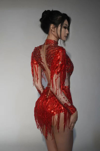 Body élastique à paillettes dorées et argentées avec pompons pour danse latine, tenue de scène, discothèque, DJ, chanteur, Q025Body élastique à paillettes dorées et argentées avec pompons pour danse latine, tenue de scène, discothèque, DJ, chanteur, Q025