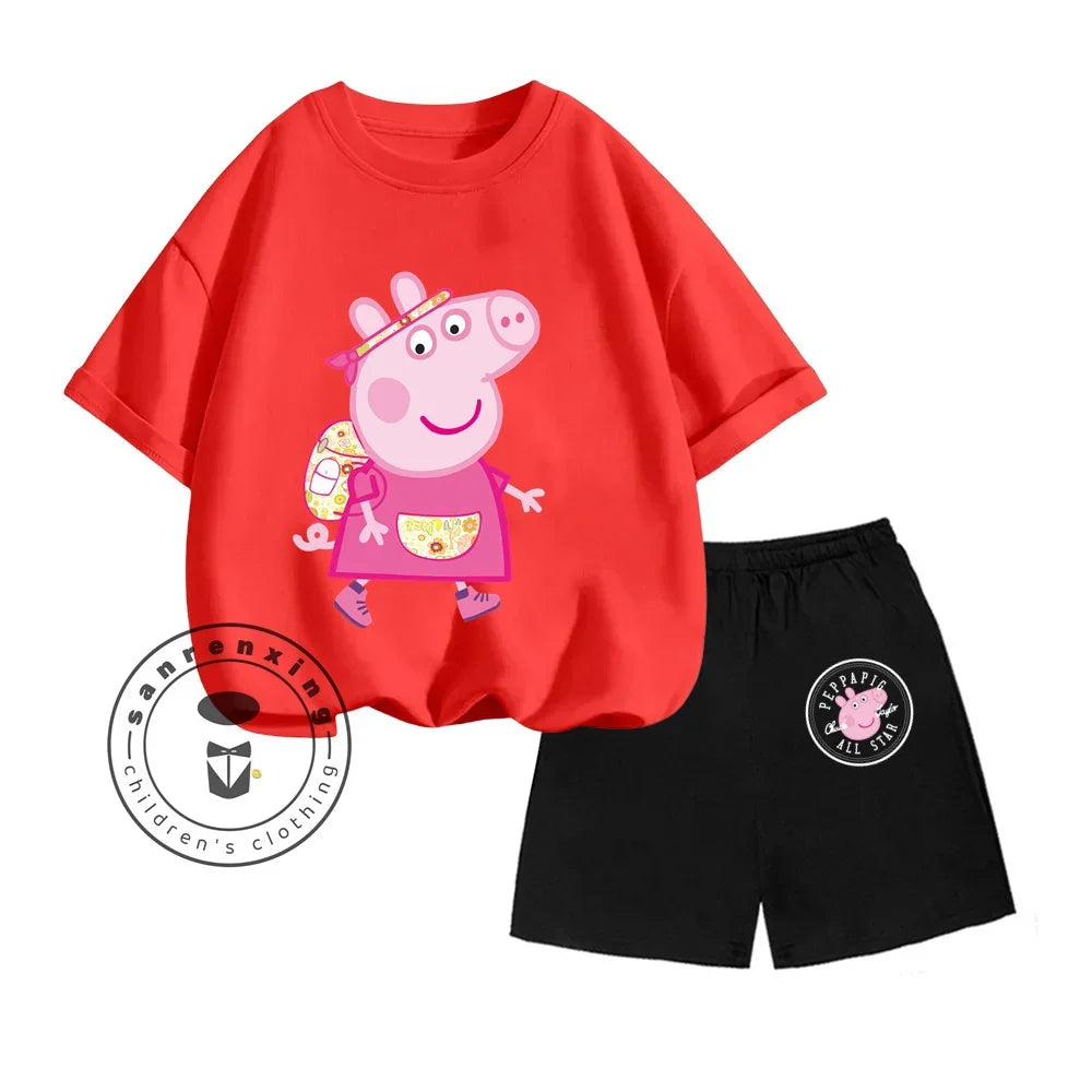 Peppa Pig-themed Animated Cartoon Print Design O-neck Sweet Short Sleeves and Simple Shorts for Boys and Girls Summer Suit