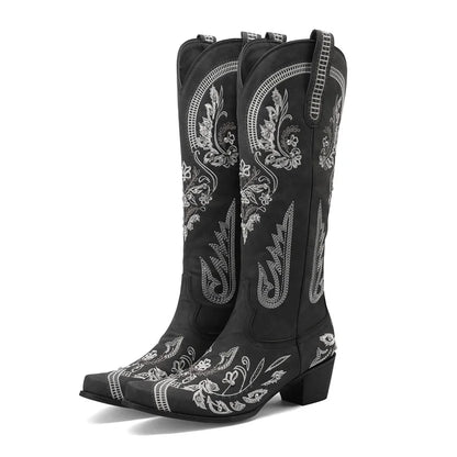 Bottes de cowboy occidentales au genou pour femmes, broderie de fleurs, biscuits, blanc, marron, rond, Parker, talons hauts, rétro, bottes longues de cowgirl
