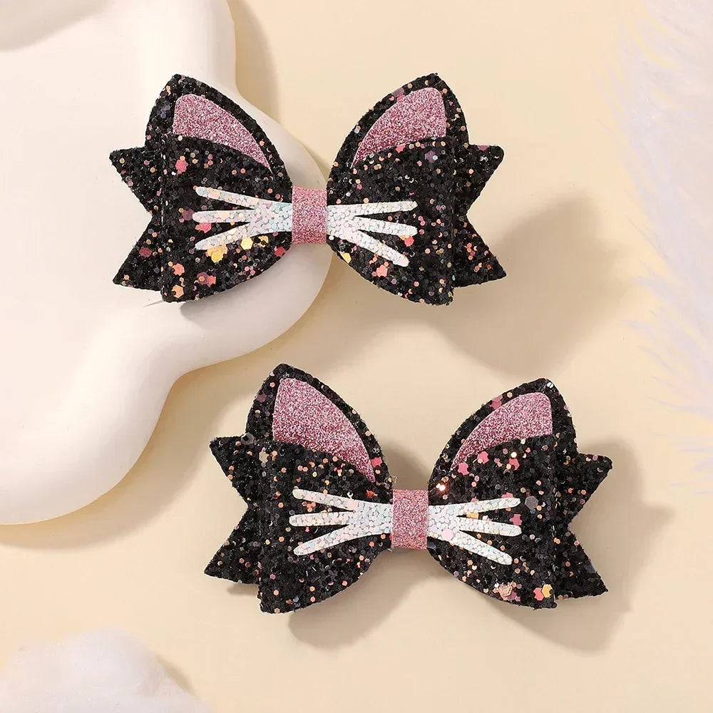 2 Paires de Barrettes Nœud Papillon Paillettes Arc-en-ciel pour Cheveux de Fille, Pinces à Cheveux pour Animaux, Nœuds de Cheveux pour Enfants