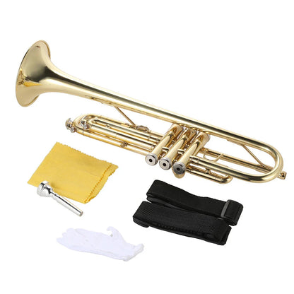 Trompette Bb B plat en laiton peint en or, Instrument de musique exquis et Durable avec Valve d'embout, gants à huile, étui à sangle, trompette Bb