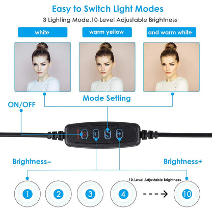 26cm (10") LED Selfie Ring Light, Photography Lighting Kit, USB Charging Lamp with Tripod for Live Video, 120 Beads