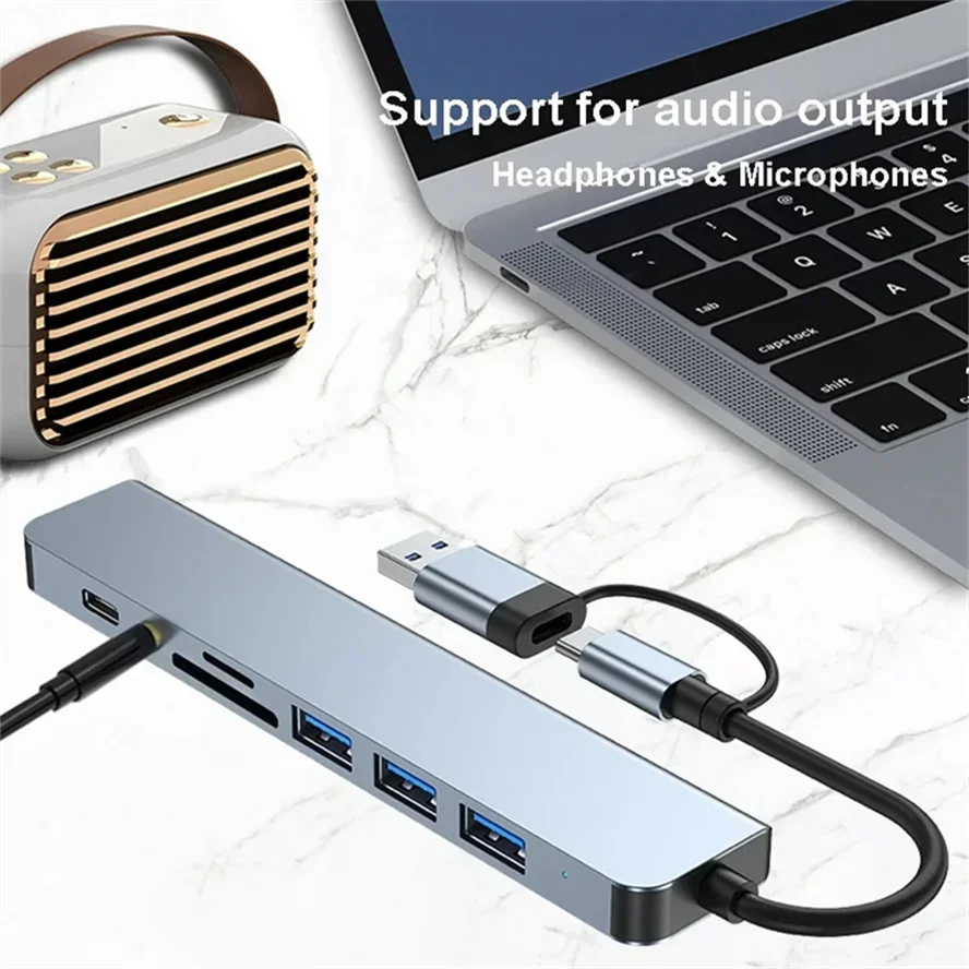 8 in 2 Docking Station USB Type C HUB with 3.5mm Audio Jack Adapter Micro SD Card Reader Laptop Tablet Phone Disk Converter