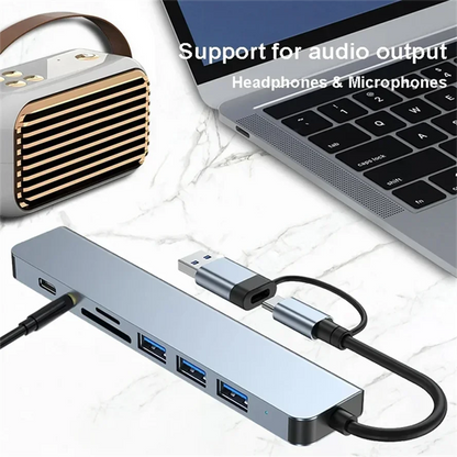 8 in 2 Docking Station USB Type C HUB with 3.5mm Audio Jack Adapter Micro SD Card Reader Laptop Tablet Phone Disk Converter