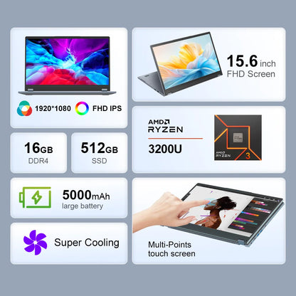 Ninkear YBOOK15 Laptop AMD Ryzen 3 3200U 15.6 Inch 360° Flip FHD IPS 1920*1080 Touchscreen 16G+512GB Backlit Keyboard Windows 11