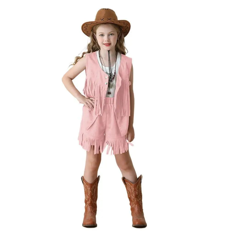 Costume de Cowboy pour filles, gilet à franges, Style bohème rétro, short en Denim occidental en velours pour filles, Costume Hippie