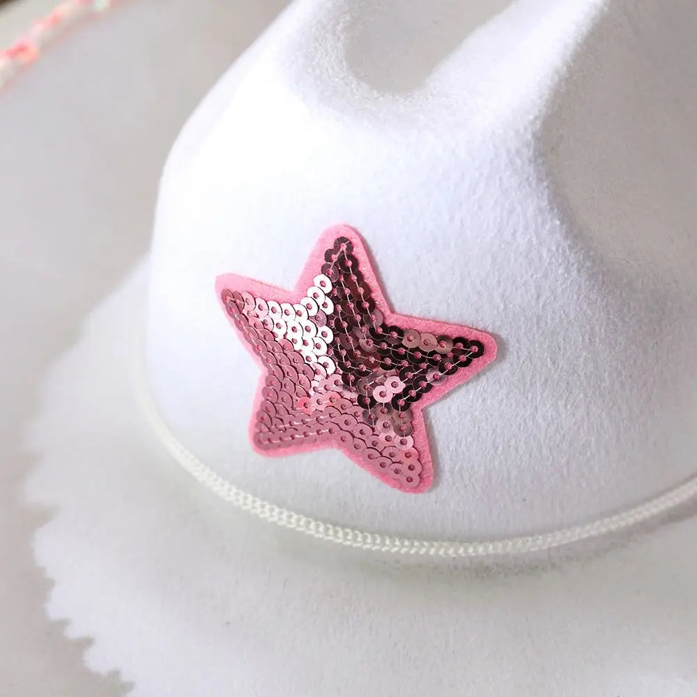 White Cowgirl Hats Pink Star Cow Girl Hat with Sequin Trim Fringe Adjustable Neck Draw String Adult Cowboy Hat for Costume Party
