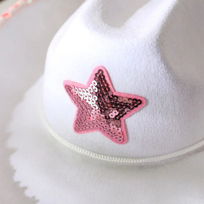 White Cowgirl Hats Pink Star Cow Girl Hat with Sequin Trim Fringe Adjustable Neck Draw String Adult Cowboy Hat for Costume Party