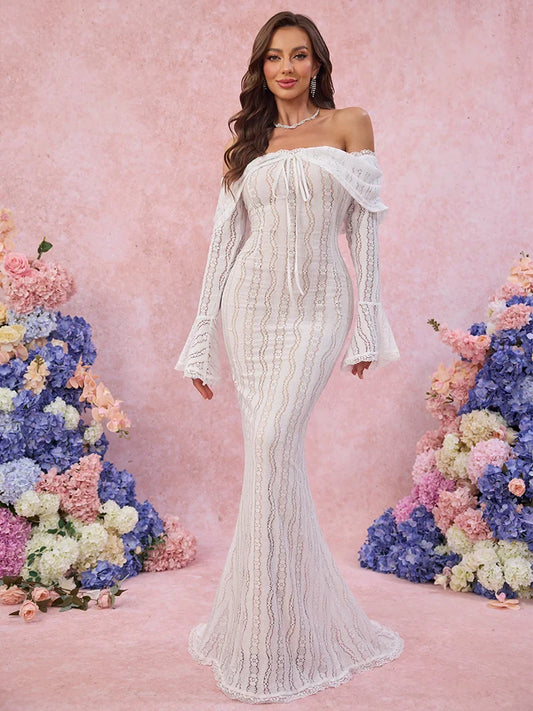 Suninheart Robe moulante à manches longues et épaules dénudées pour femme, nouvelle collection 2024, robe de soirée de mariage sirène, robe blanche