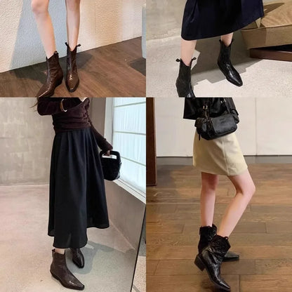 Designer Brand Cowhide Fashion Pointy V-cut Retro Cowboy Boots with Thick Western Ankle Boots for Women Hot Selling