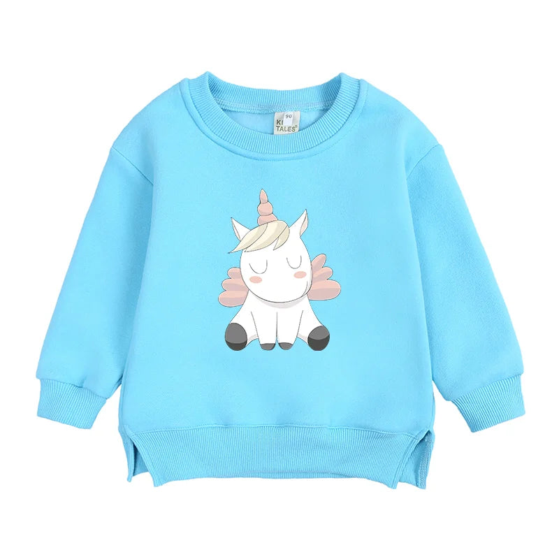 2024 Sweat-shirt polaire Licorne pour enfants, automne, 6 mois-7 ans, col rond, dessin animé, vêtements pour adolescents, garçons et filles, tenues de sport décontractées, costume