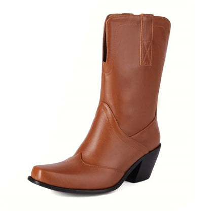 Botas De Mujer Western Cowboy Boots Retro Black Mid Calf Boots for Women Thick High Heels Goth Shoes  Big Size 34-48 777-11