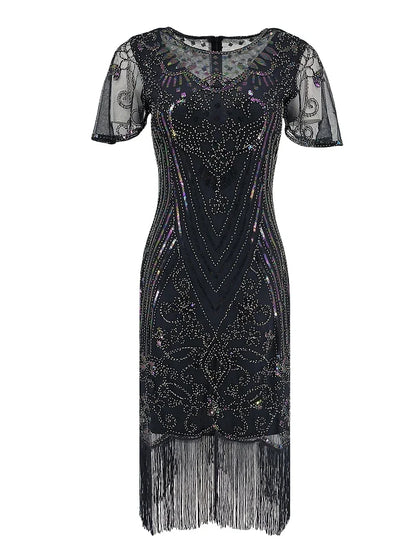 Flapper Dresses 1920s Gatsby Roaring 20s Sequin Beaded Fringe Dress Crew Neck See-through Themed Party Club Dress