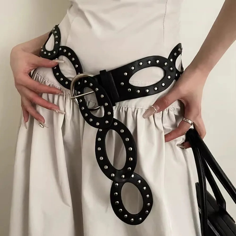Adjustable Cowgirl Waist Belt, Hollow, Wide Side, PU Leather, Elliptical Geometry, Metal Buckle, Rivet, Everyday Waist Belt