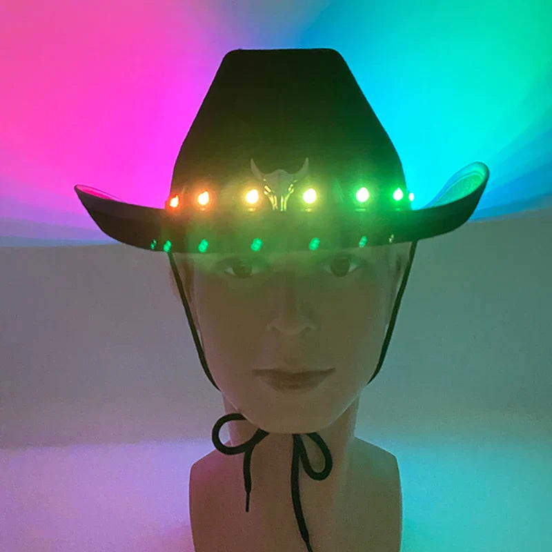 Chapeau de cowboy LED télécommandé pour femmes et hommes, chapeaux de cow-girl occidentaux, robe de l'ouest, vêtements de sauna scintillants pour Halloween, casquette unisexe, mode
