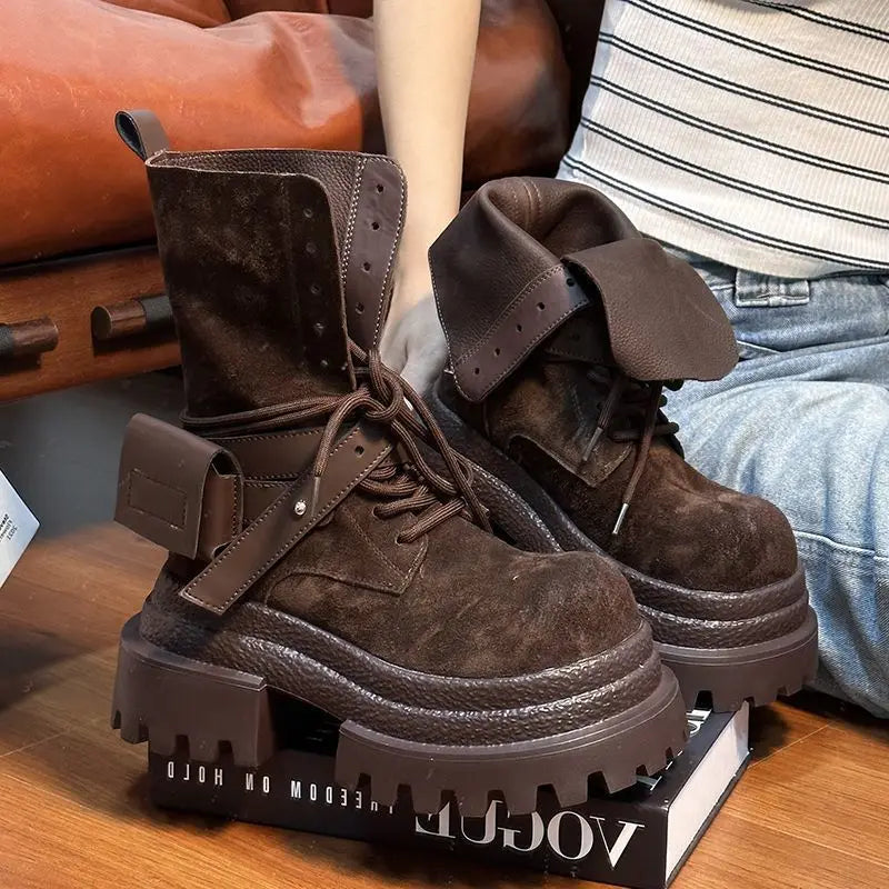 Bottes de Cowboy à grande tête en détresse, mode rétro, bottes de chevalier montantes de Style moto haut de gamme, bottes à semelles épaisses pour filles et femmes