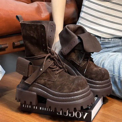 Bottes de Cowboy à grande tête en détresse, mode rétro, bottes de chevalier montantes de Style moto haut de gamme, bottes à semelles épaisses pour filles et femmes