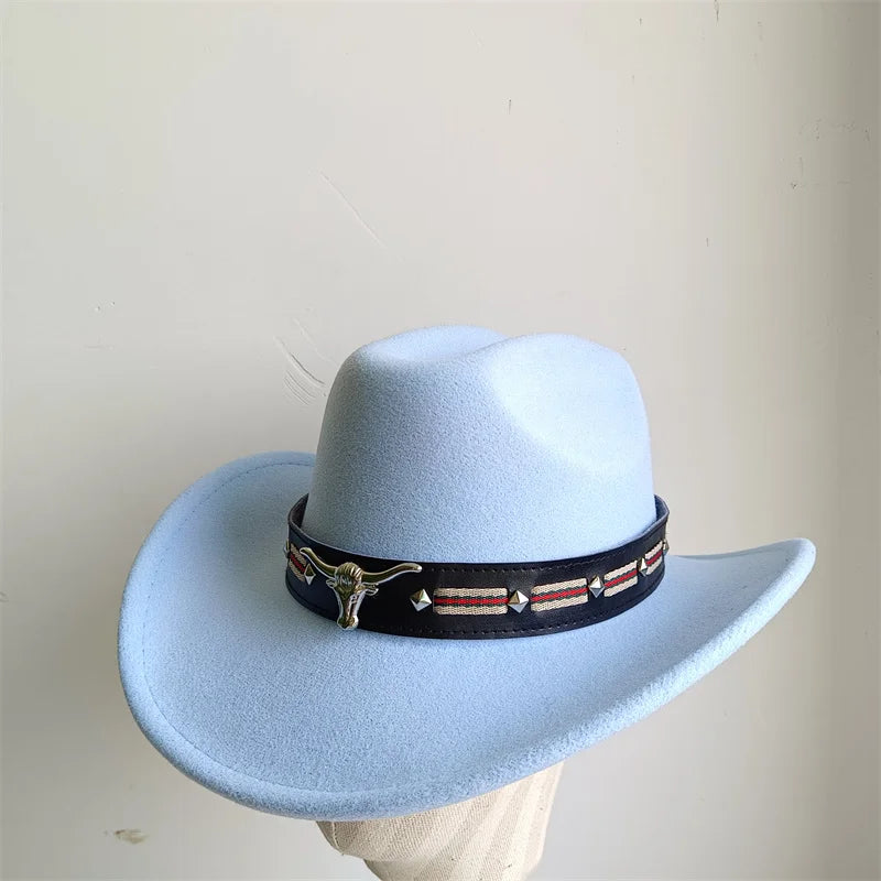 Ethnic Style Cowboy Hat Fashion Chic Unisex Solid Color Jazz Hat With Bull Shaped Decor Western Cowboy Hats
