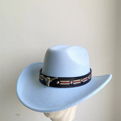 Ethnic Style Cowboy Hat Fashion Chic Unisex Solid Color Jazz Hat With Bull Shaped Decor Western Cowboy Hats
