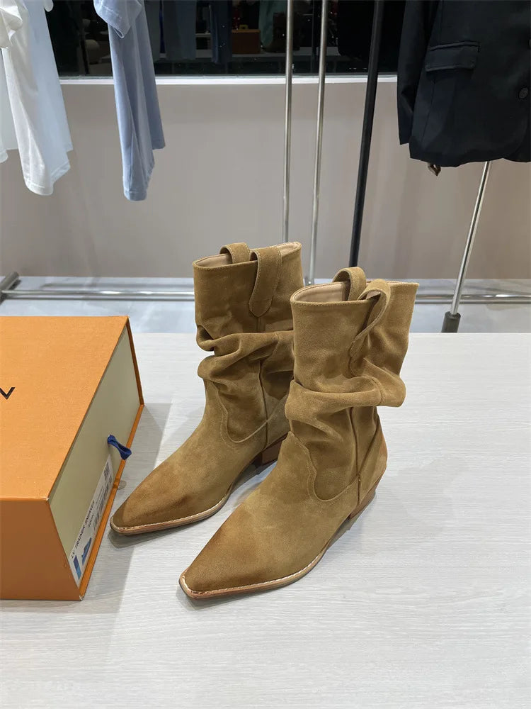 New Fashion Western Cowboy Boots Pointed Pleated V-mouth Thick Heel Medium Tube Short Boots