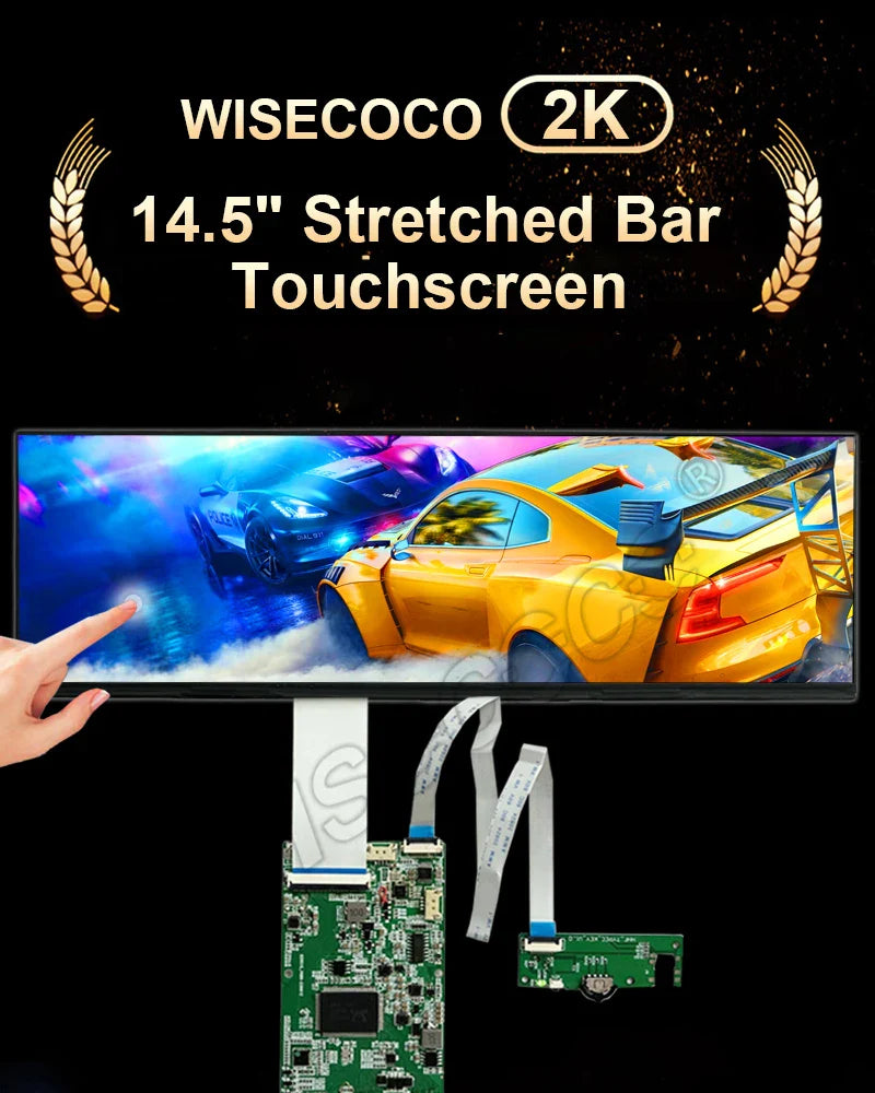Wisecoco 14.5 Inch Stretched Bar LCD Display IPS 2560x720 2K Long Strip LCD Panel Capacitive Touchscreen USB-C Driver Board
