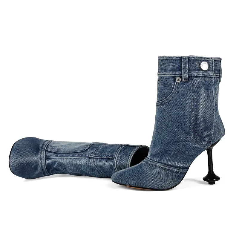 European and American Alien and Square Head Splicing Design Water Washed Cowboy Boots for Women's Trendy Side Zipper Short Boots