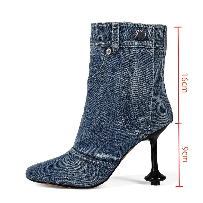 European and American Alien and Square Head Splicing Design Water Washed Cowboy Boots for Women's Trendy Side Zipper Short Boots