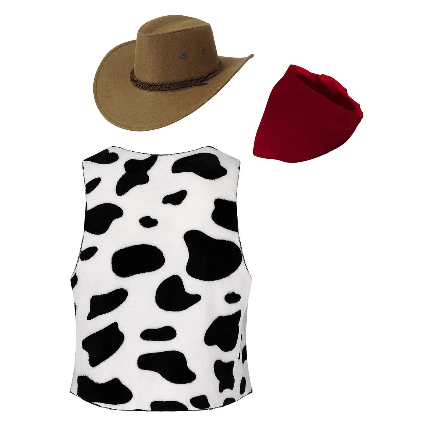 Mens Western Cowboy Cosplay Costume Suit with Hat And Print Bandanna Cow Printed Flannel Waistcoat for Halloween Carnival Party
