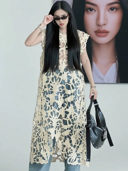 [EWQ] Chic belle Robe européenne à la mode femmes vêtements crochet à motifs découpe Robe sans manches Robe noire 2025 été nouveau