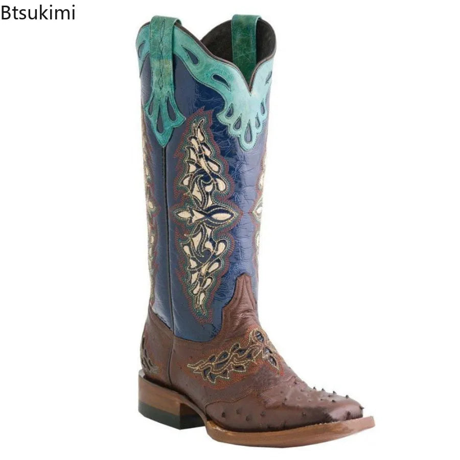 Autumn and Winter Women's Square Toe Thick Heel Colorful Patterned Knight Boots Embroidered Color-Blocked No Slip Women Boots