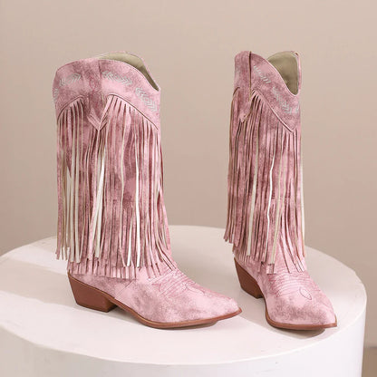 Bottes de cowboy pour femmes, brodées, à glands, talons épais, bout pointu, roses, de style western, bottes compensées sans lacets pour femme