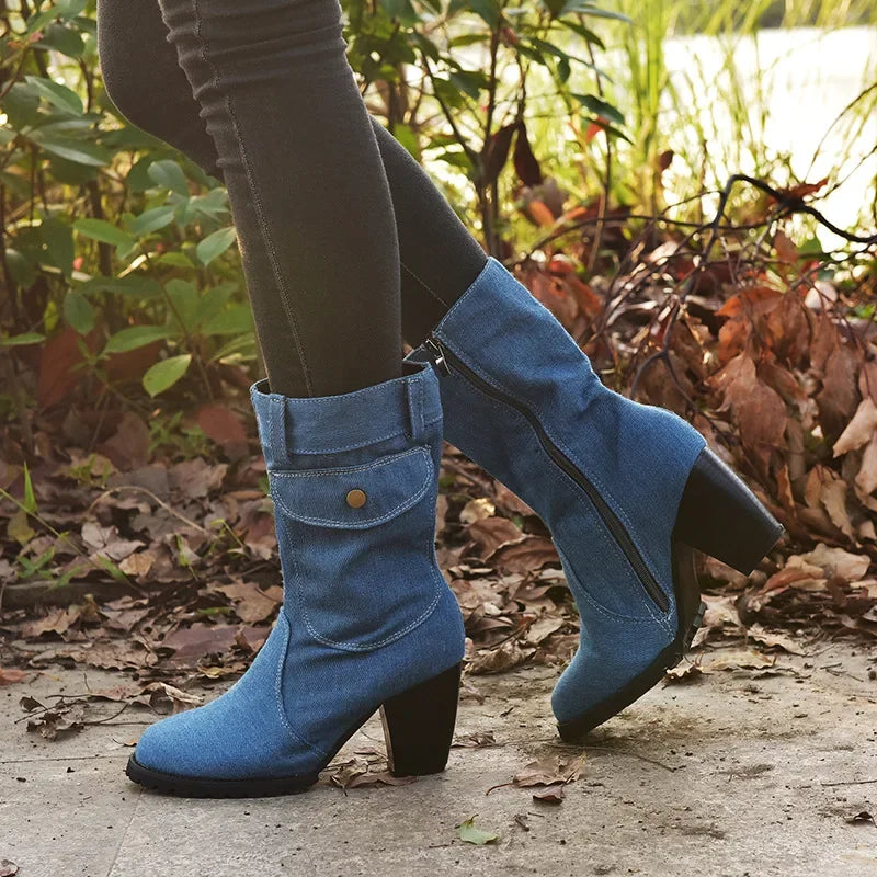 Cowboy Women's Boots 2024 Autumn and Winter New Pointed Denim Style Casual Temperament High Heels Single Shoes Zapatos De Mujer