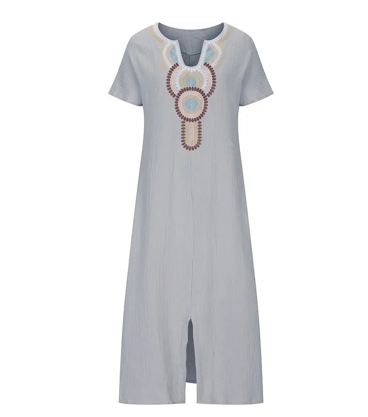 Embroidered Fashion O-Neck Short Sleeve Women Dresses Summer New Casual Unique Slit Dress Elegant Female Vacation Dress Robe