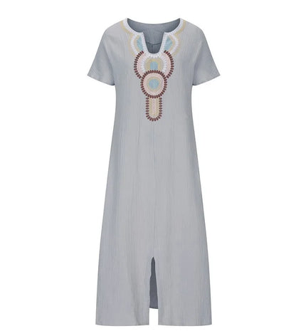 Embroidered Fashion O-Neck Short Sleeve Women Dresses Summer New Casual Unique Slit Dress Elegant Female Vacation Dress Robe