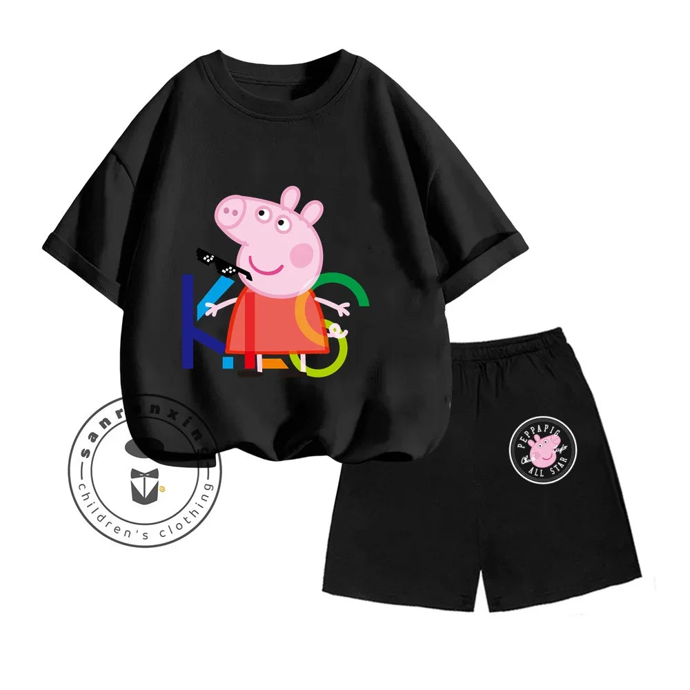 Peppa Pig-themed Animated Cartoon Print Design O-neck Sweet Short Sleeves and Simple Shorts for Boys and Girls Summer Suit