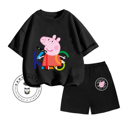 Peppa Pig-themed Animated Cartoon Print Design O-neck Sweet Short Sleeves and Simple Shorts for Boys and Girls Summer Suit