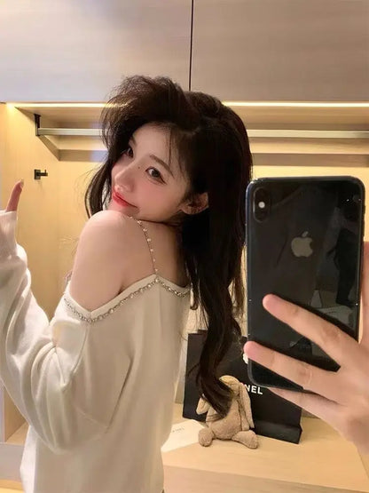 Sweater Mujer Sexy Off Shoulder Knitted Long Sleeve Pullover Femme Autumn Vintage Chandails White Black Top Women Thin Sweater